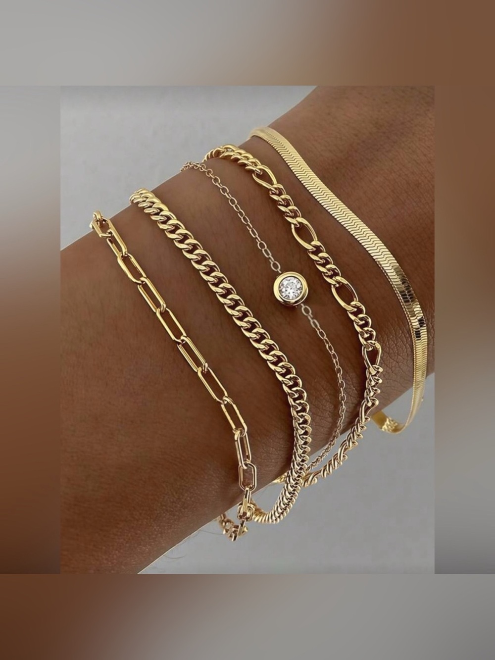 Gold Layered Bracelet Set for Women — Mixed Chain Stack with Center Crystal